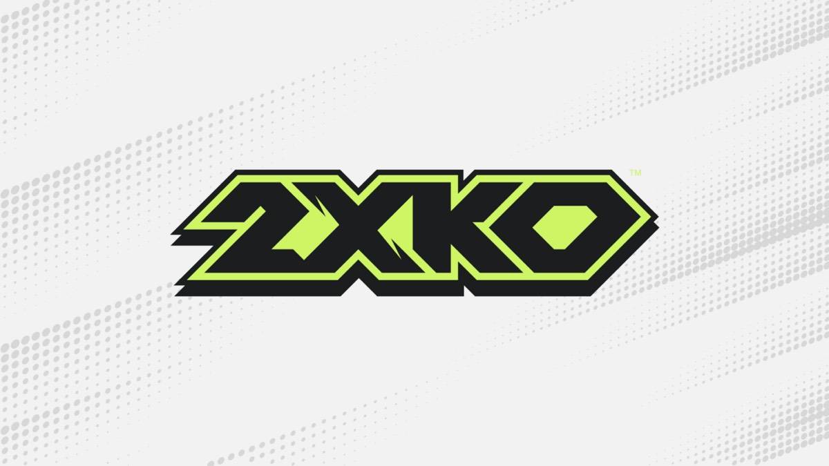2XKO logo in black block letters with a lime-green outline and TM mark, on a light grey dotted background
