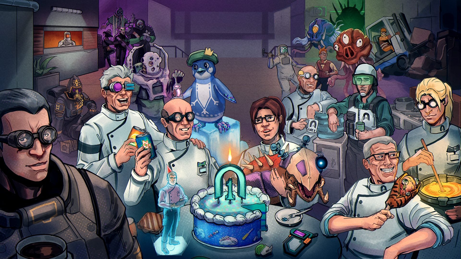 Abiotic Factor anniversary celebration with scientists, new pets, and experimental equipment in GATE facility