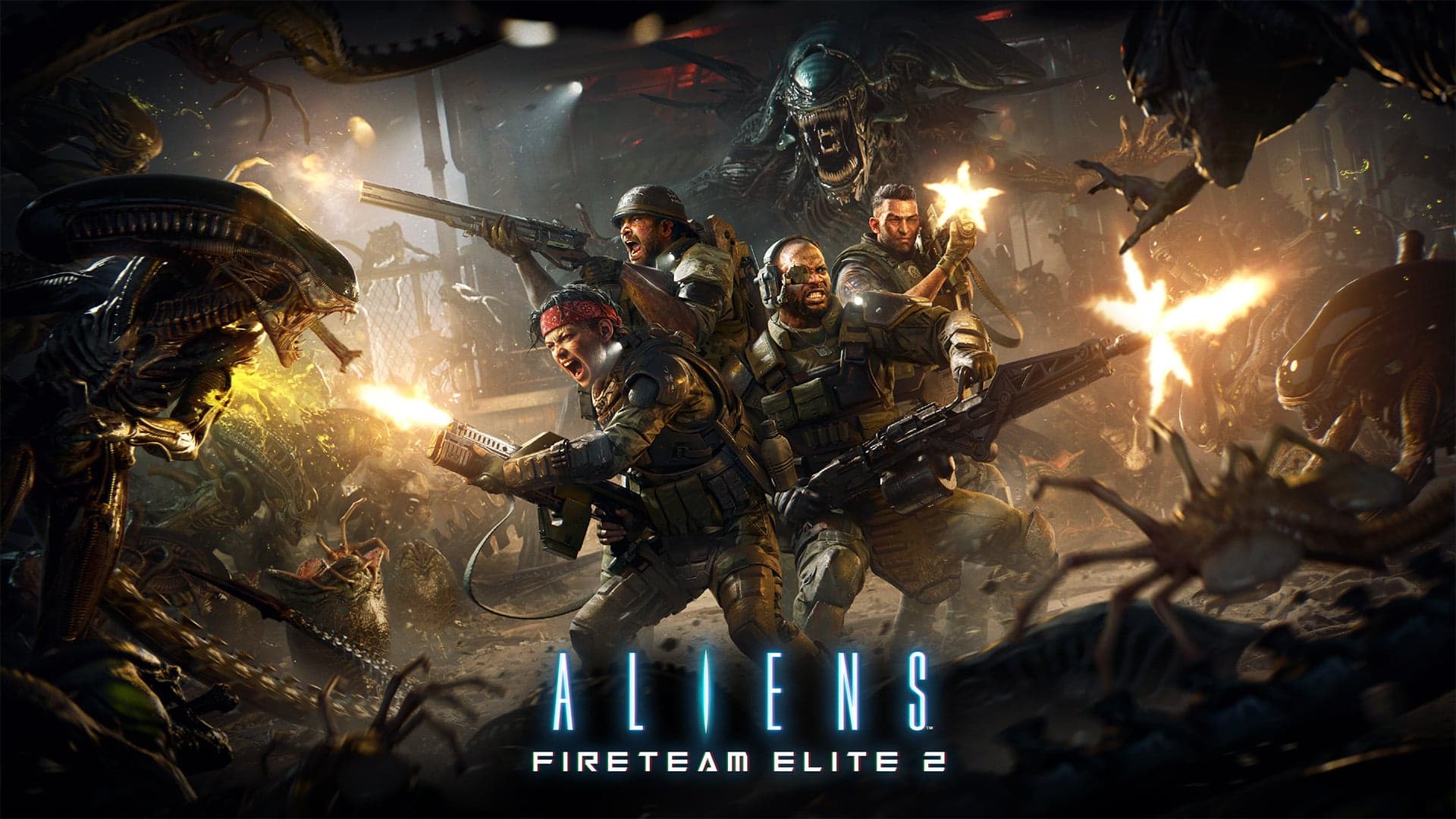 Colonial Marines facing xenomorphs in Aliens Fireteam Elite 2 key art