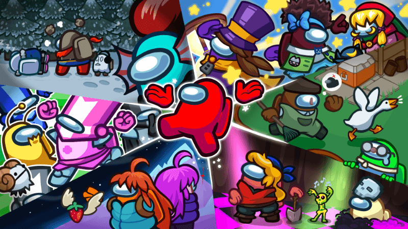 Among Us Indie Cosmicube featuring characters from Untitled Goose Game, Undertale, and Celeste cosmetics