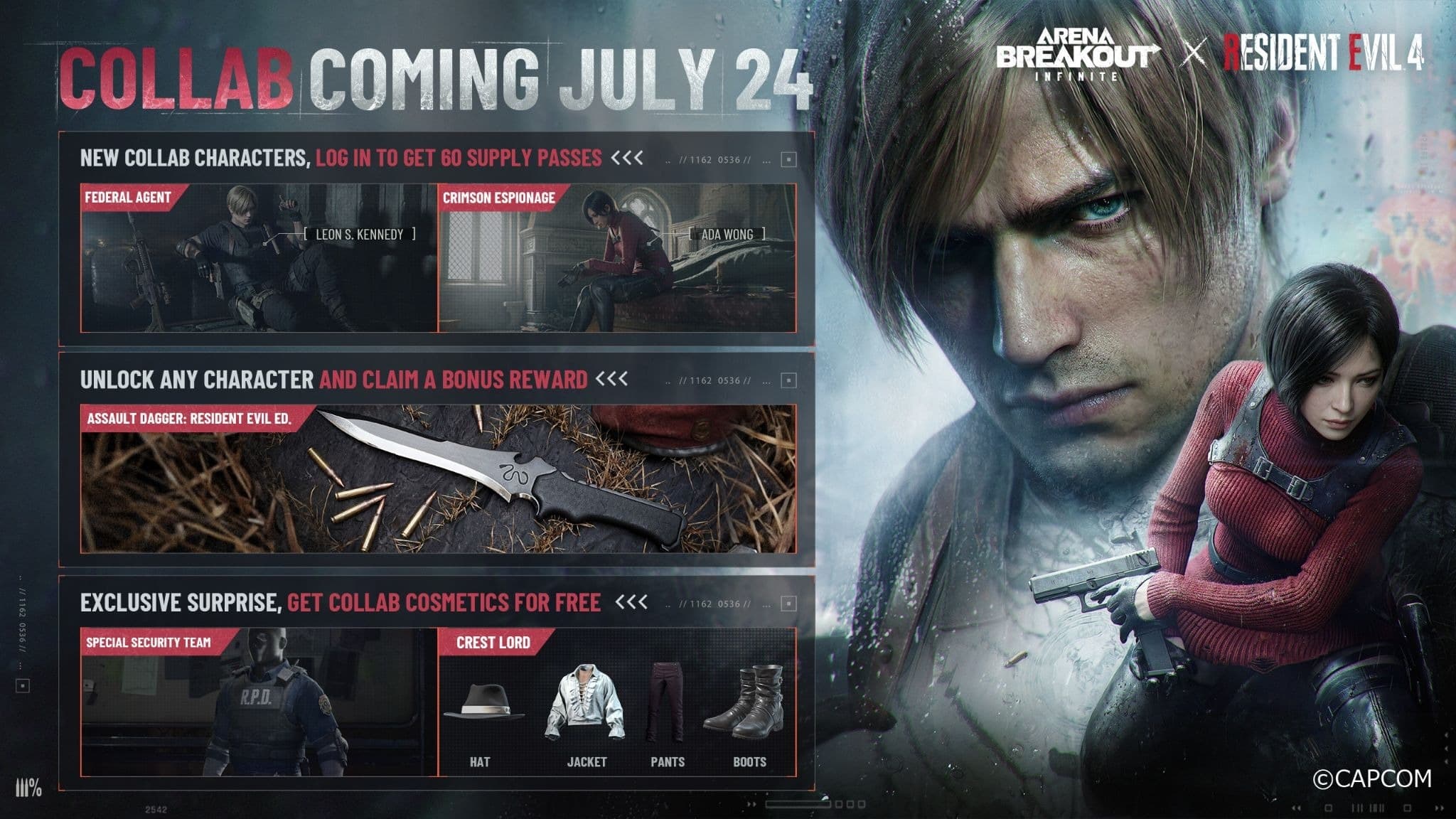 Leon S. Kennedy and Ada Wong from Resident Evil 4 in Arena Breakout Infinite promotional art
