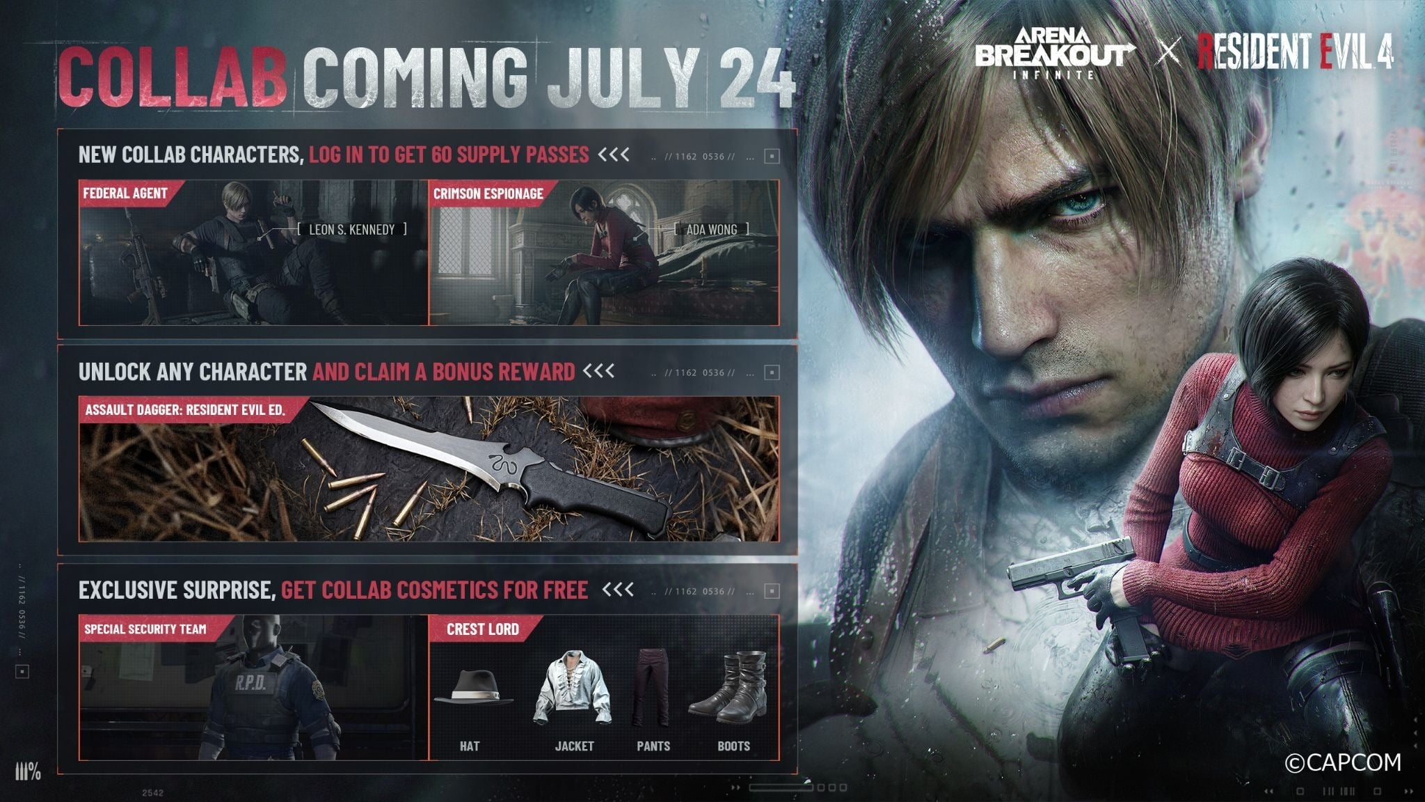 Leon S. Kennedy and Ada Wong from Resident Evil 4 in Arena Breakout Infinite promotional art