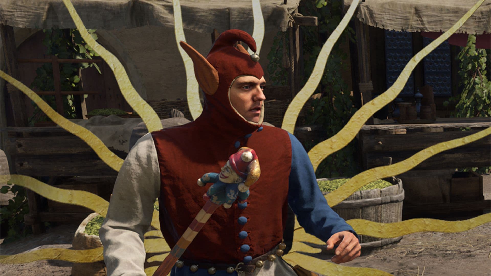 Kingdom Come Deliverance 2 Henry meeting Balatro jester Jimbo at a tavern