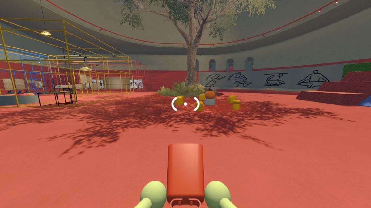 Three Big Walk characters sitting together on a couch inside a small puzzle room