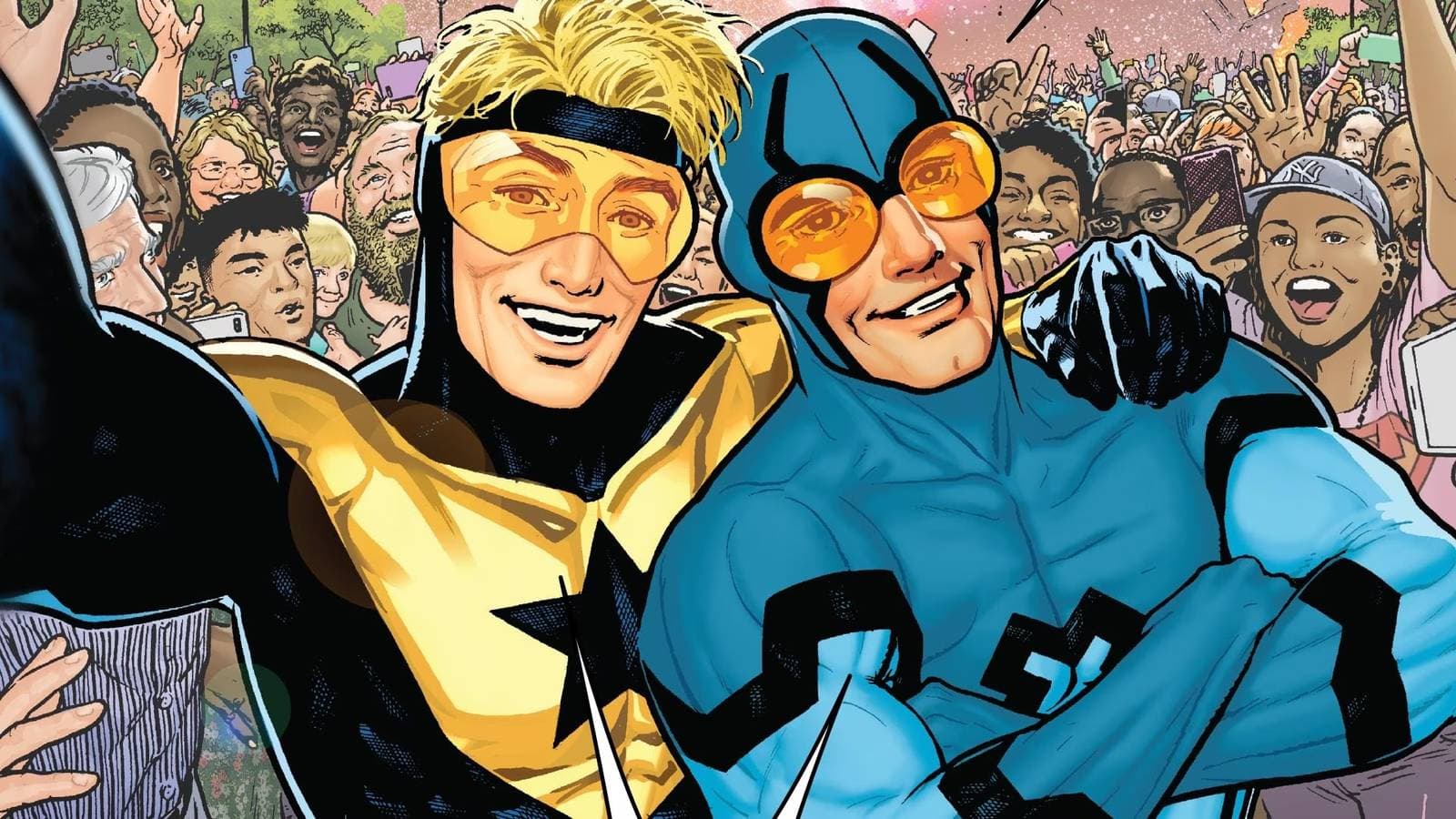 Booster Gold from DC Comics in his iconic gold and blue superhero suit
