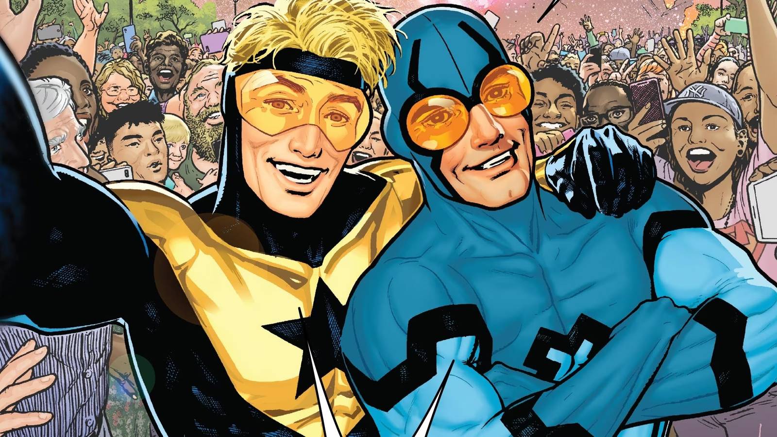 Booster Gold from DC Comics in his iconic gold and blue superhero suit