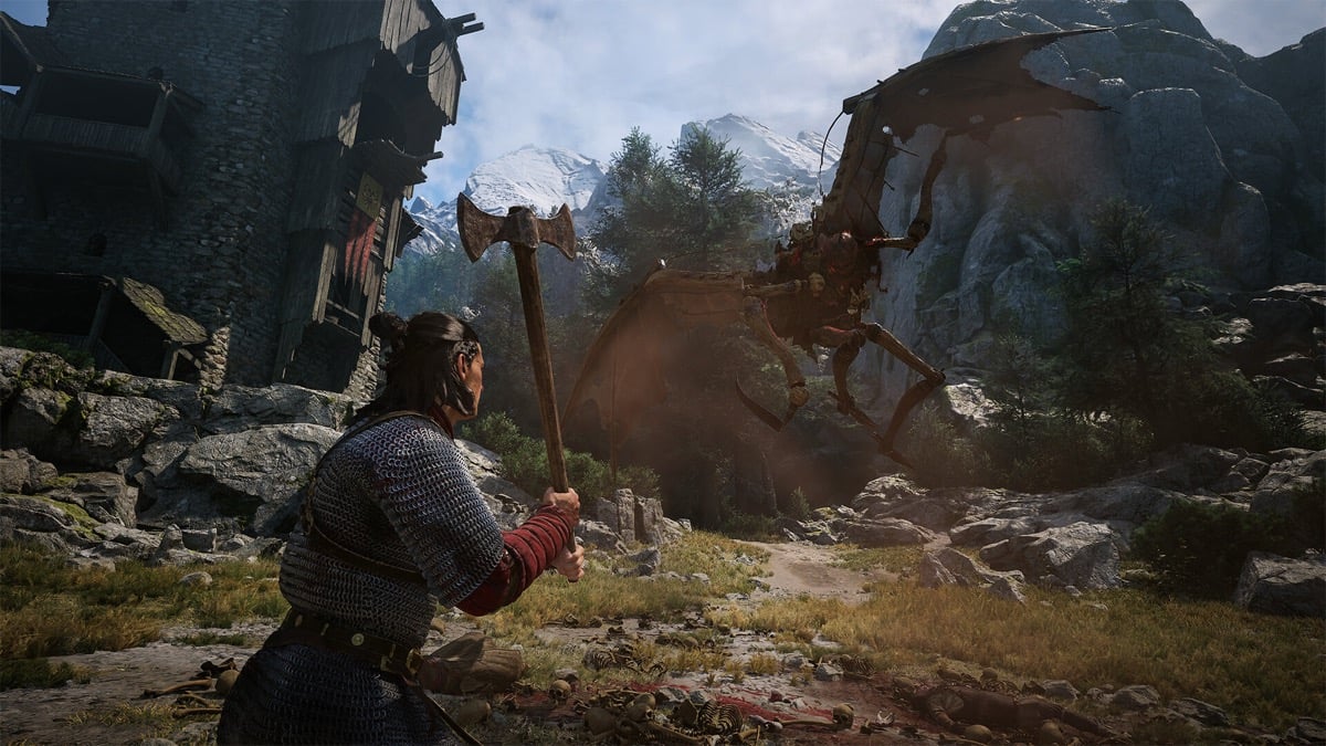 Screenshot from The Blood of Dawnwalker showing a warrior in chainmail raising a battle axe as a winged monster descends on a mountain village
