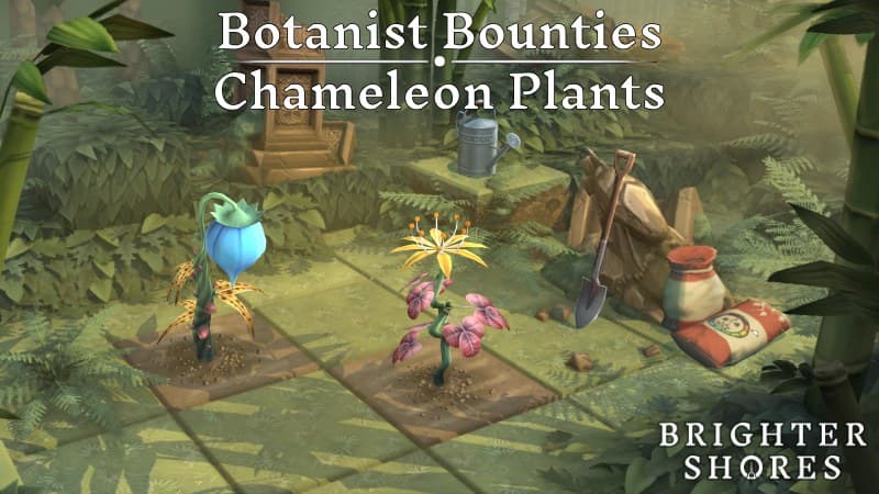 Brighter Shores botanist tending chameleon plants in Timberwell, with Davis SeedFinger's plant store visible.