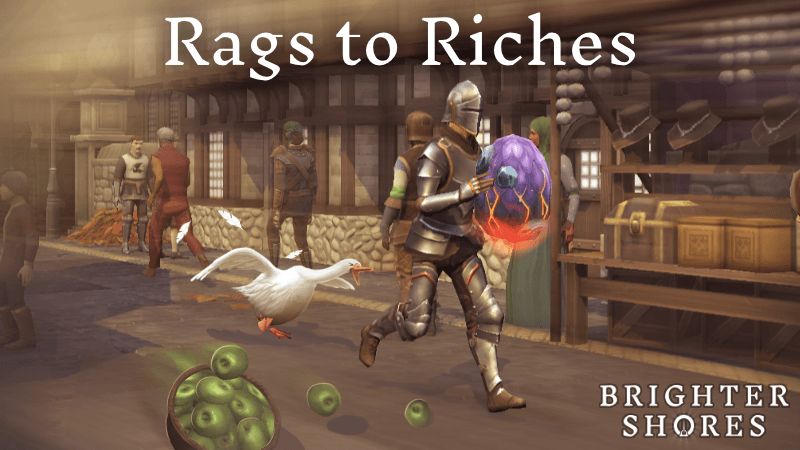 Brighter Shores key art showing colourful fantasy world with adventuring characters