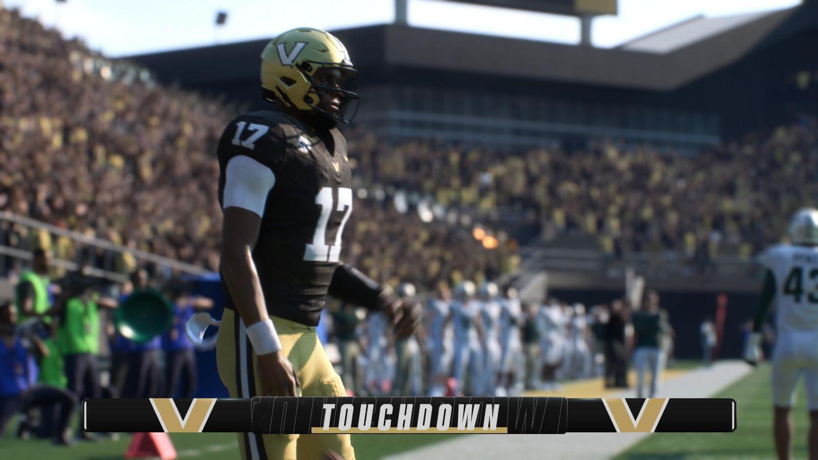 College Football 27 gameplay showing players on the field during a college football match