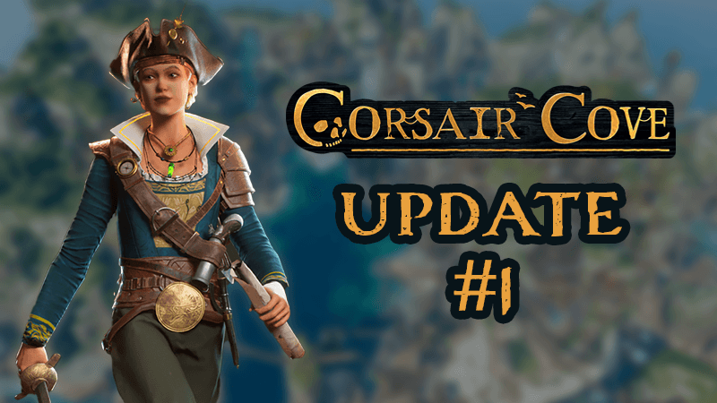 Corsair Cove pirate settlement with tutorial UI elements visible on screen