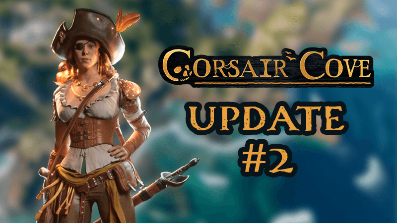 Corsair Cove pirate ship sailing near tropical islands with crew management interface visible