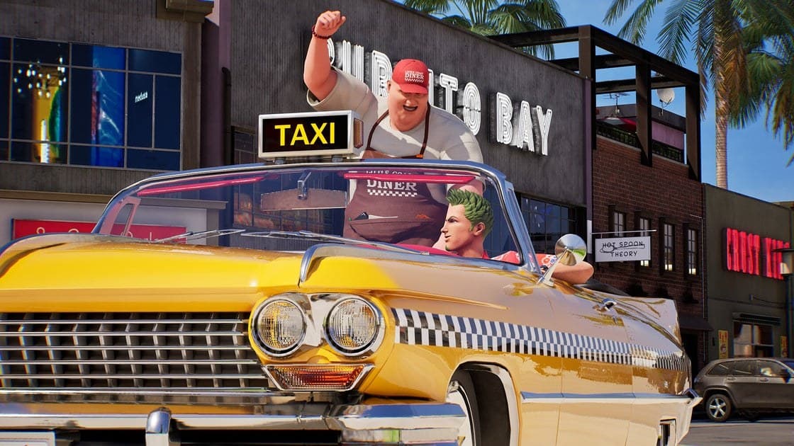 Crazy Taxi World Tour screenshot showing Axel driving through a colorful city