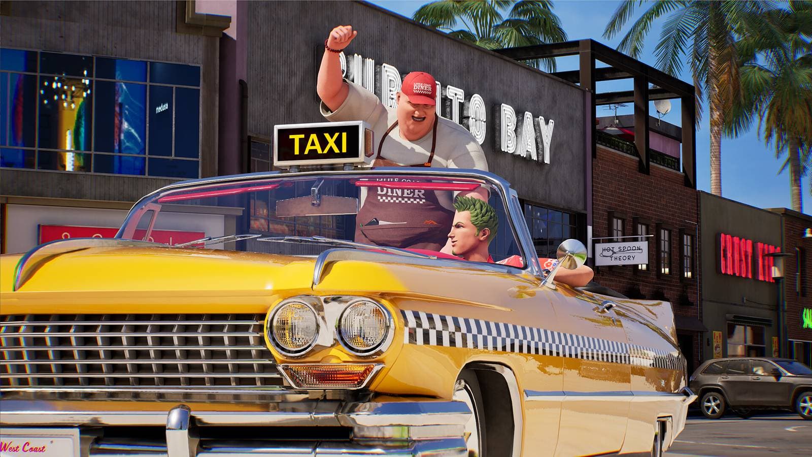 Crazy Taxi World Tour West Coast map showing colourful San Francisco-inspired streets and taxi action