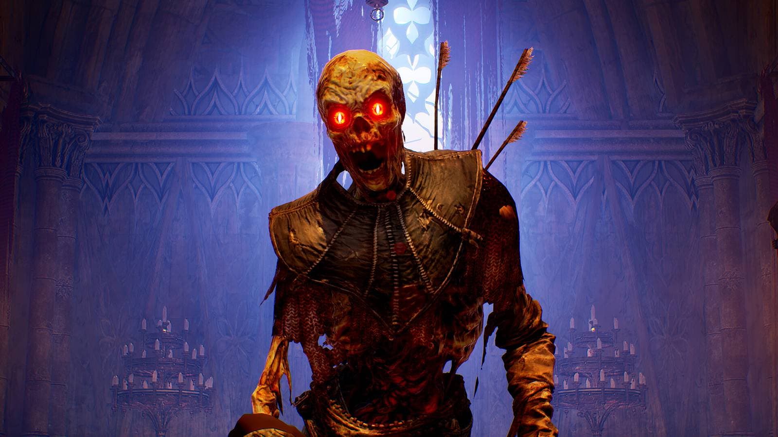 Crimson Moon Nephilim warrior battling demons in the gothic city of Gildenarch