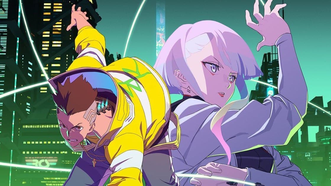 Lucy and David from Cyberpunk Edgerunners anime in Night City neon