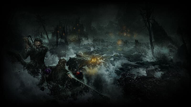 Dark and Darker adventurers in dungeon combat with glowing magical effects and loot.