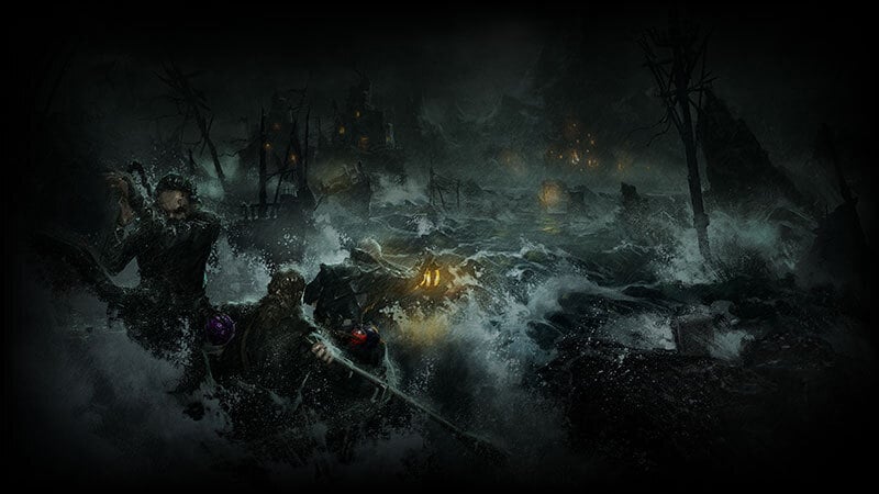 Dark and Darker adventurers in dungeon combat with glowing magical effects and loot.