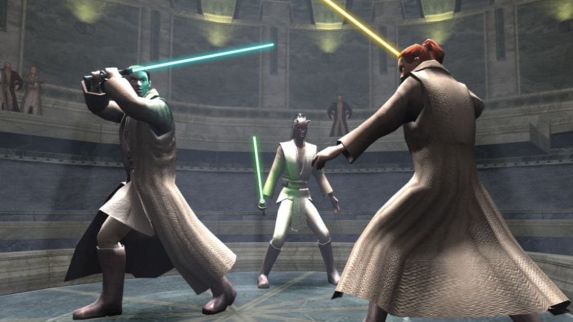 Darth Vader looming over Star Wars Galaxies concept art with lightsaber ignited