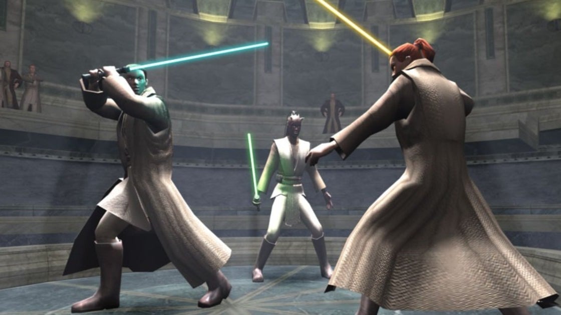 Darth Vader looming over Star Wars Galaxies concept art with lightsaber ignited