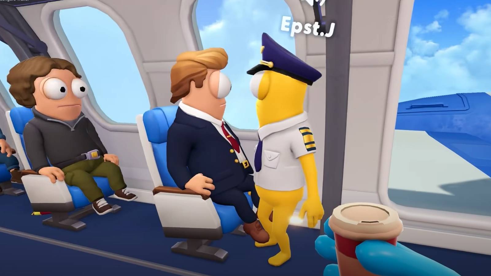 Dear Passengers co-op airline game cabin scene with ragdoll physics and passengers