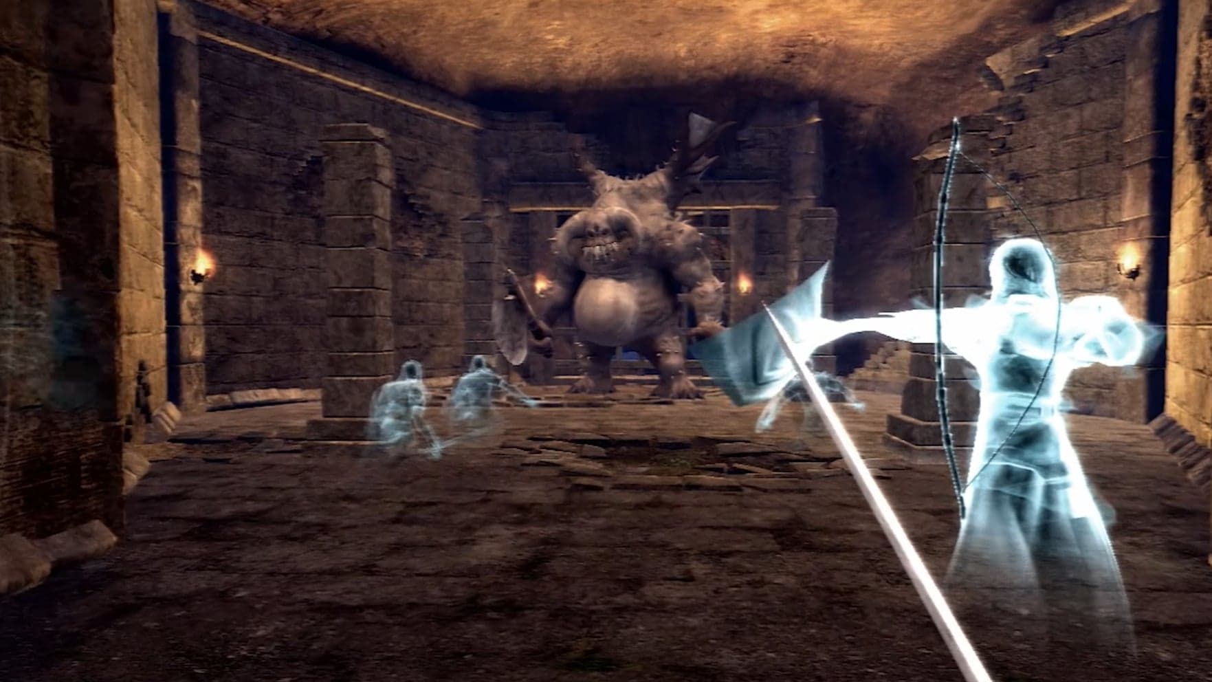 Demon's Souls prototype gameplay showing a knight in a dark dungeon environment