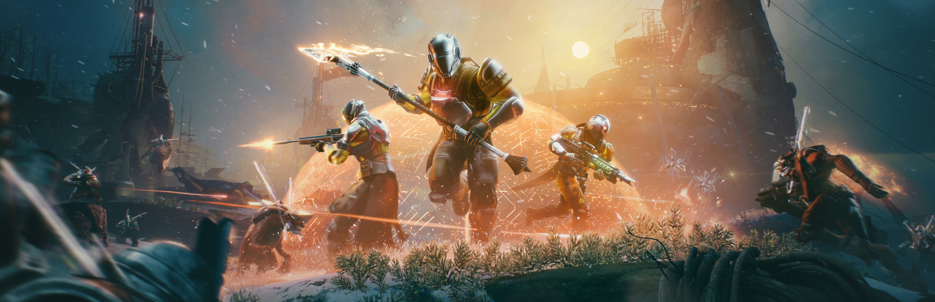 Destiny 2 Guardian standing in the Tower overlooking the Last City at sunset