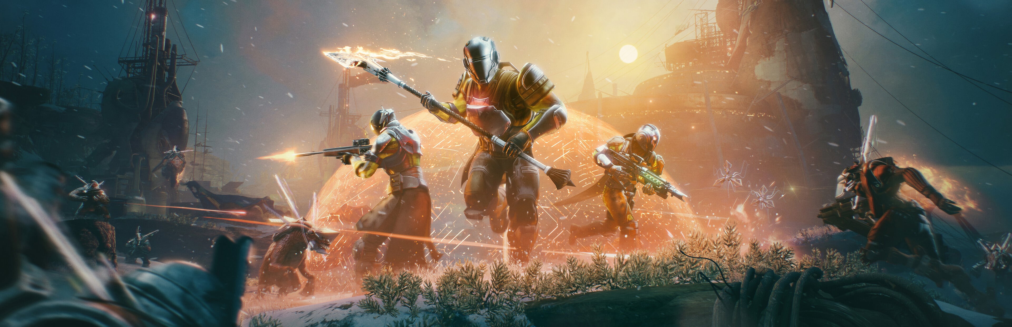 Destiny 2 Guardian standing in the Tower overlooking the Last City at sunset