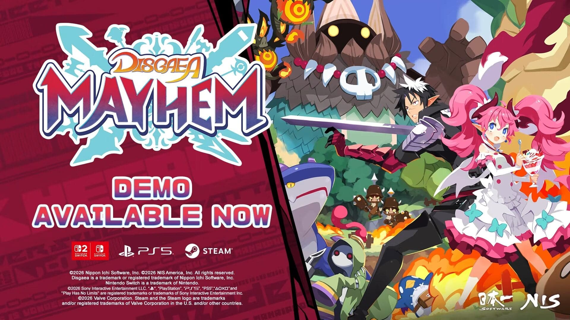 Disgaea Mayhem key art featuring mercenary N.A. wielding weapons against demon enemies