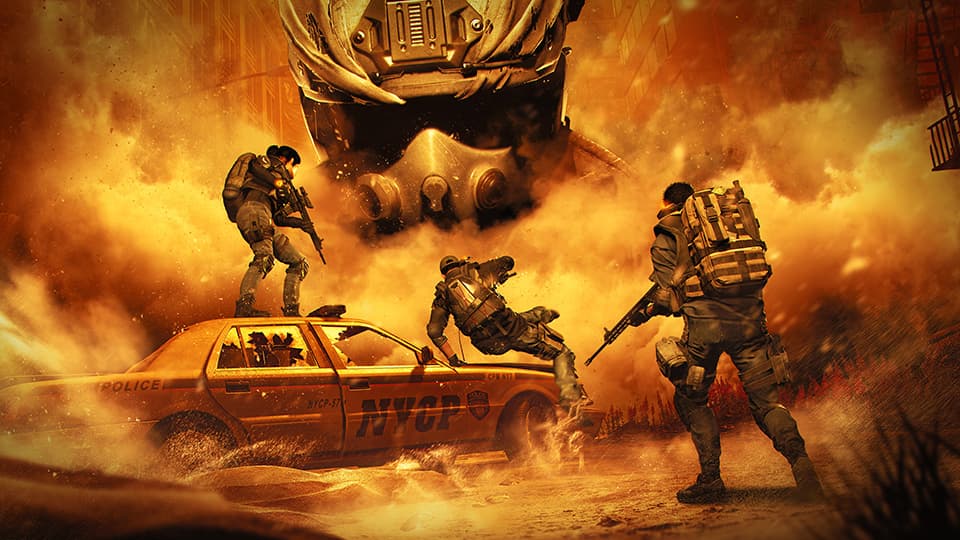 The Division 2 agents battling in a dust storm with reduced visibility and Riker enemies