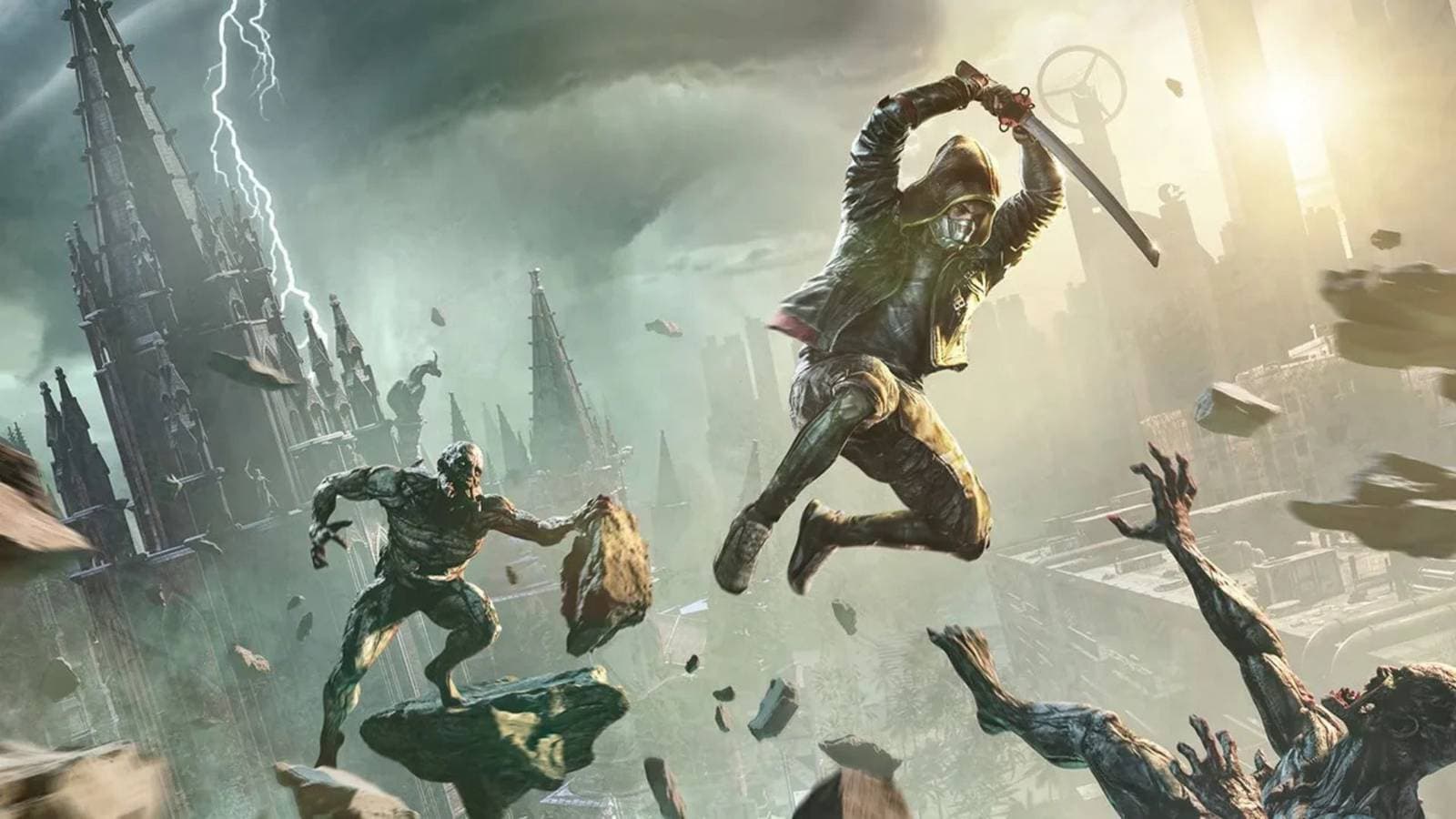 Dying Light 2 Stay Human protagonist Aiden overlooking Villedor city at night