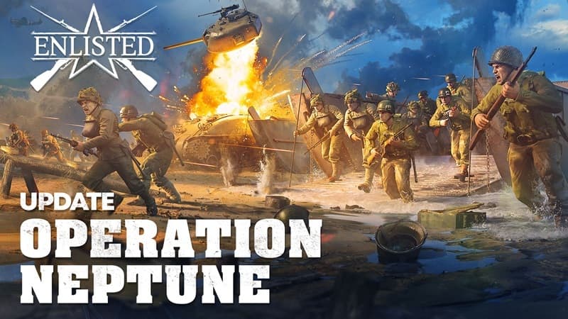 Enlisted Operation Neptune update featuring D-Day beach landing with tanks and soldiers