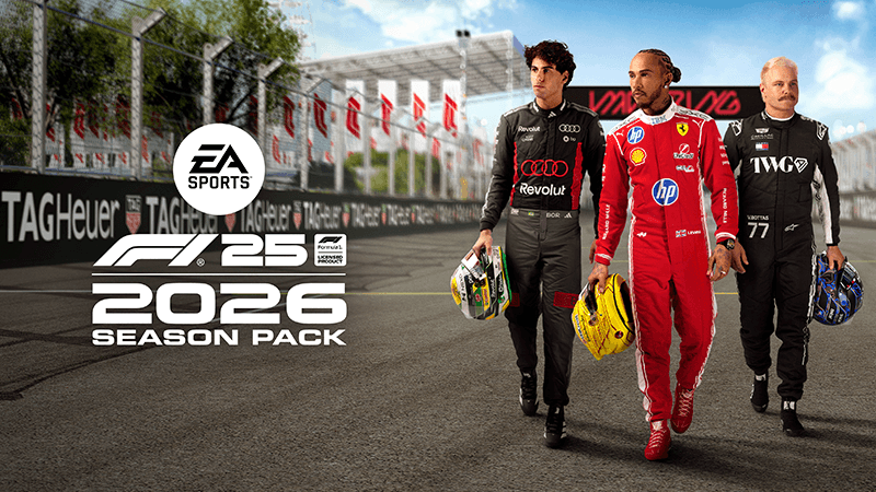 F1 25 key art featuring the 2026 Season Pack promotional in-game takeover screen