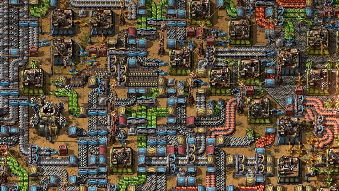 Factorio industrial factory with rocket silo and cargo pods in space age setting
