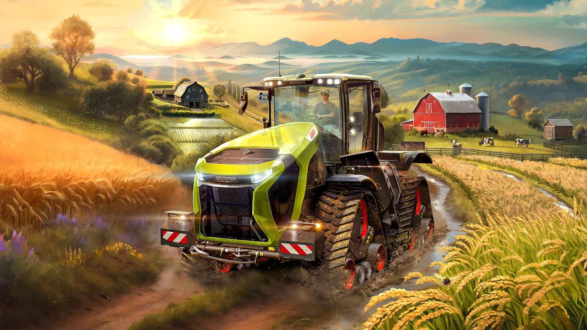 Farming Simulator 25 tractor with precision farming equipment in field