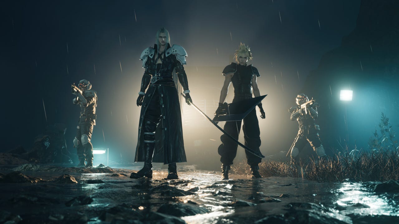Cloud and party in Final Fantasy 7 Rebirth combat with dramatic spell effects