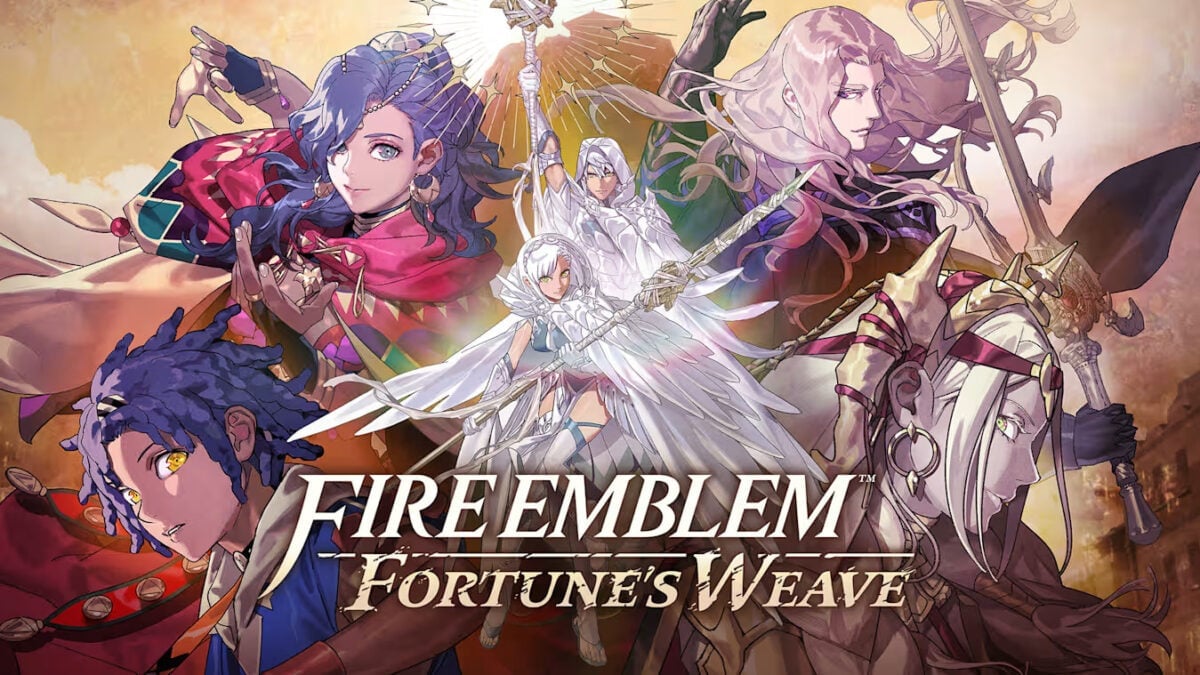 Fire Emblem Fortune's Weave key art featuring four heroes and the Heroic Games arena