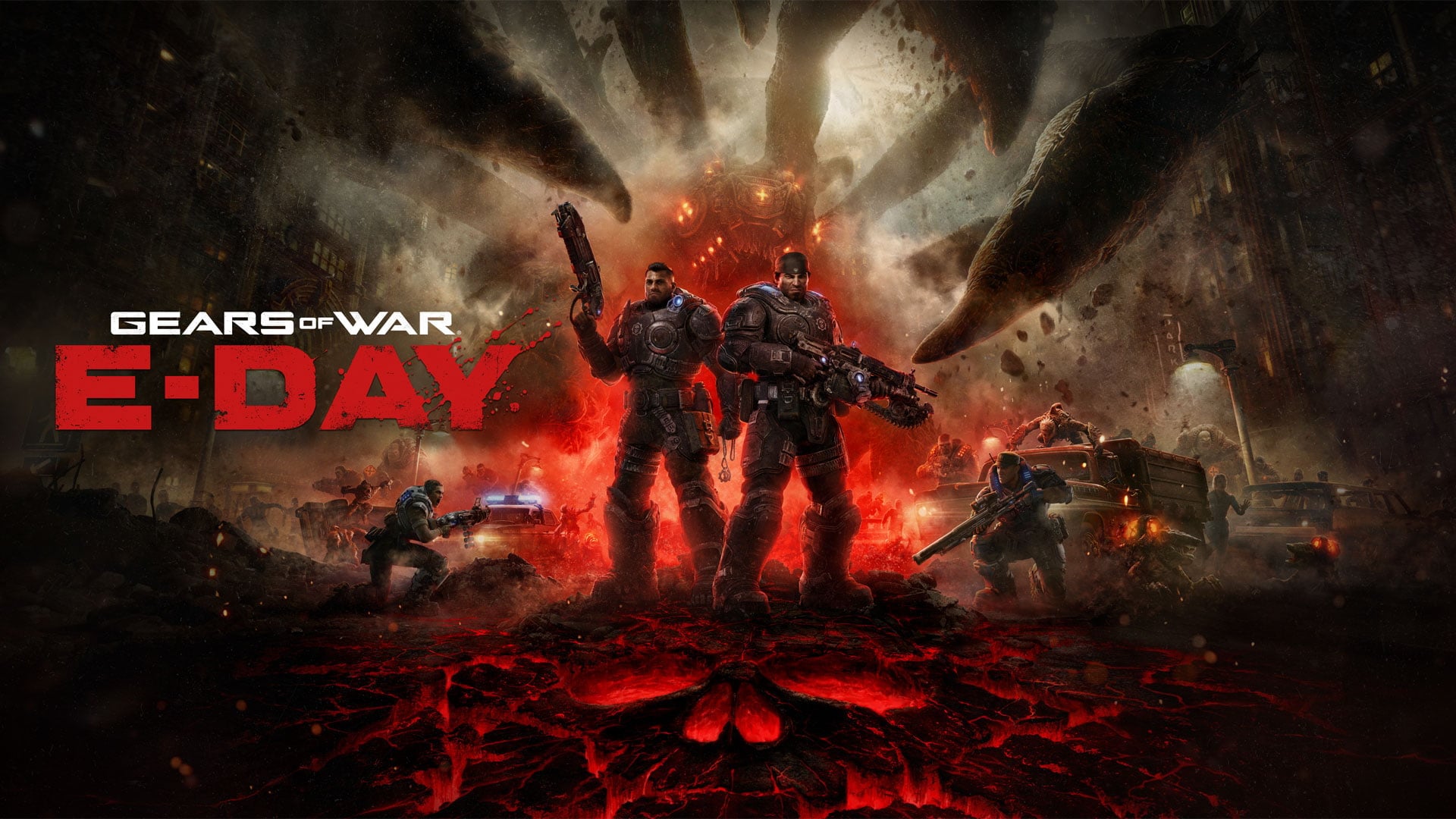 Gears of War E-Day key art showing Marcus Fenix in combat against Locust enemies