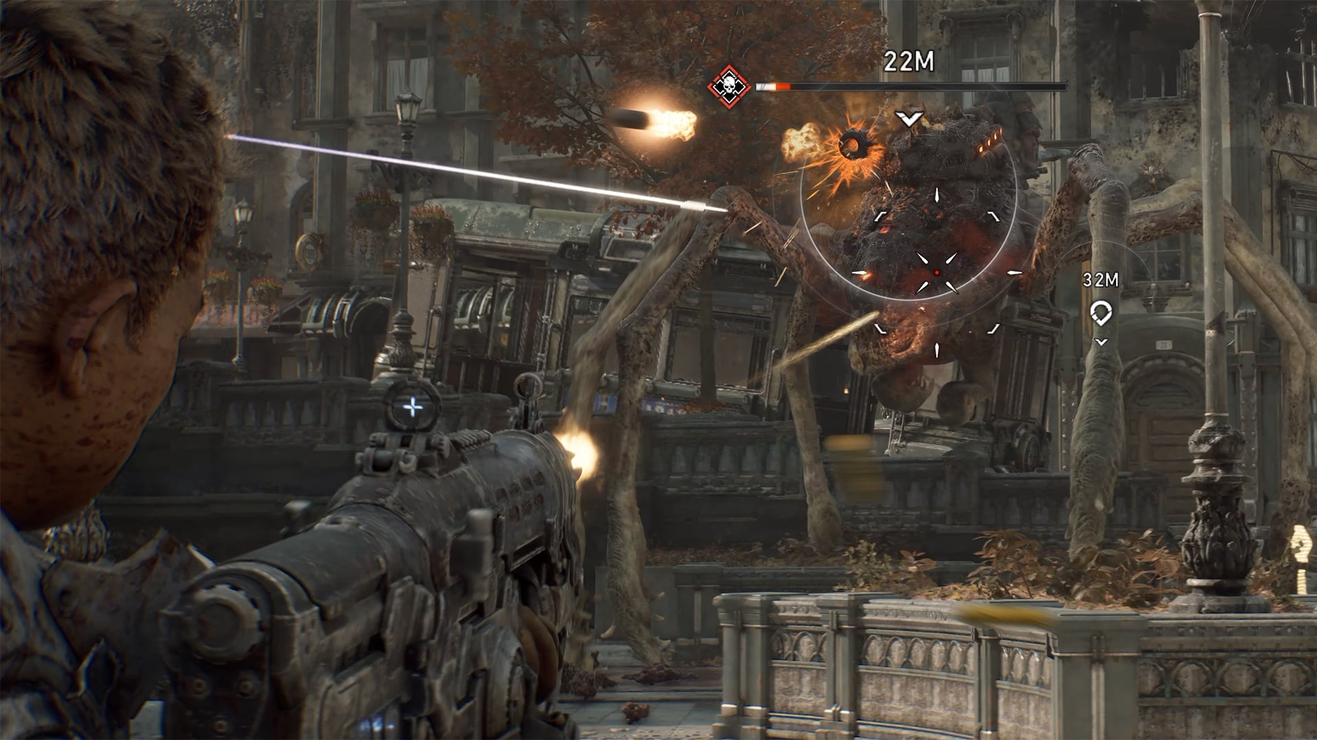 A COG soldier sprinting through a city street in Gears of War E-Day multiplayer