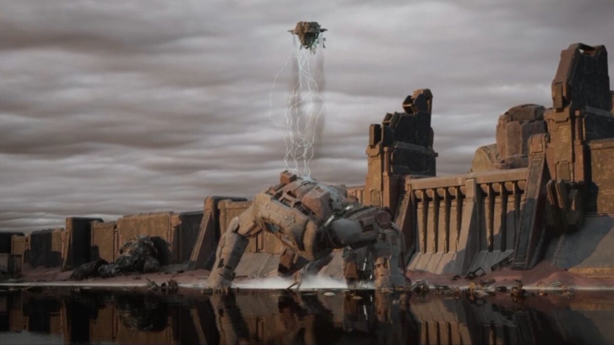 Gen Atlas giant robot and small character on an abandoned alien planet