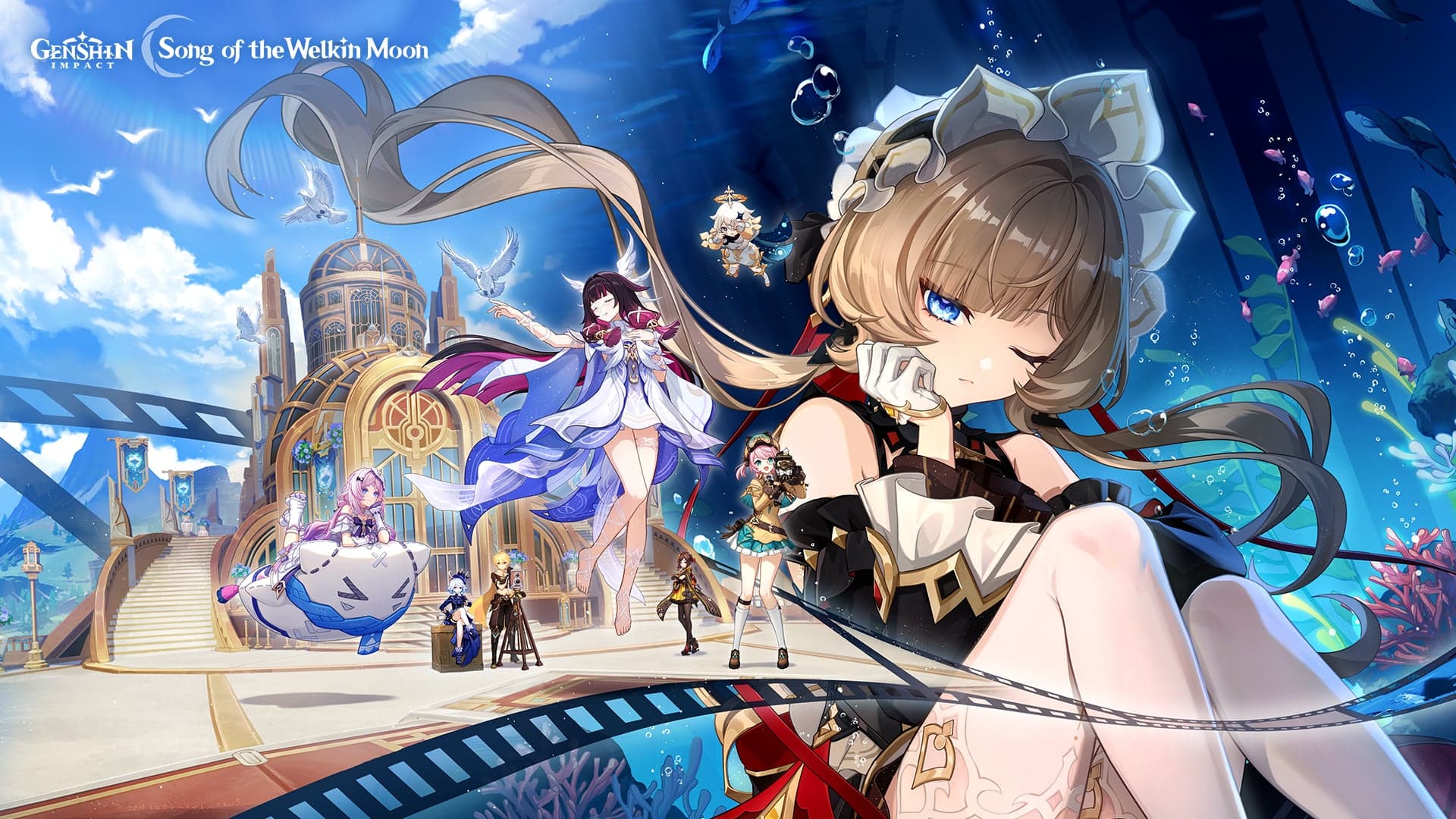 Genshin Impact Luna VIII key art showing the Frost Moon and Sandrone in space