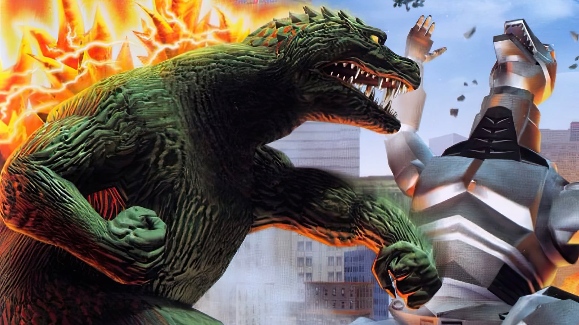 Godzilla Destroy All Monsters Melee Remastered kaiju battling in a destroyed city