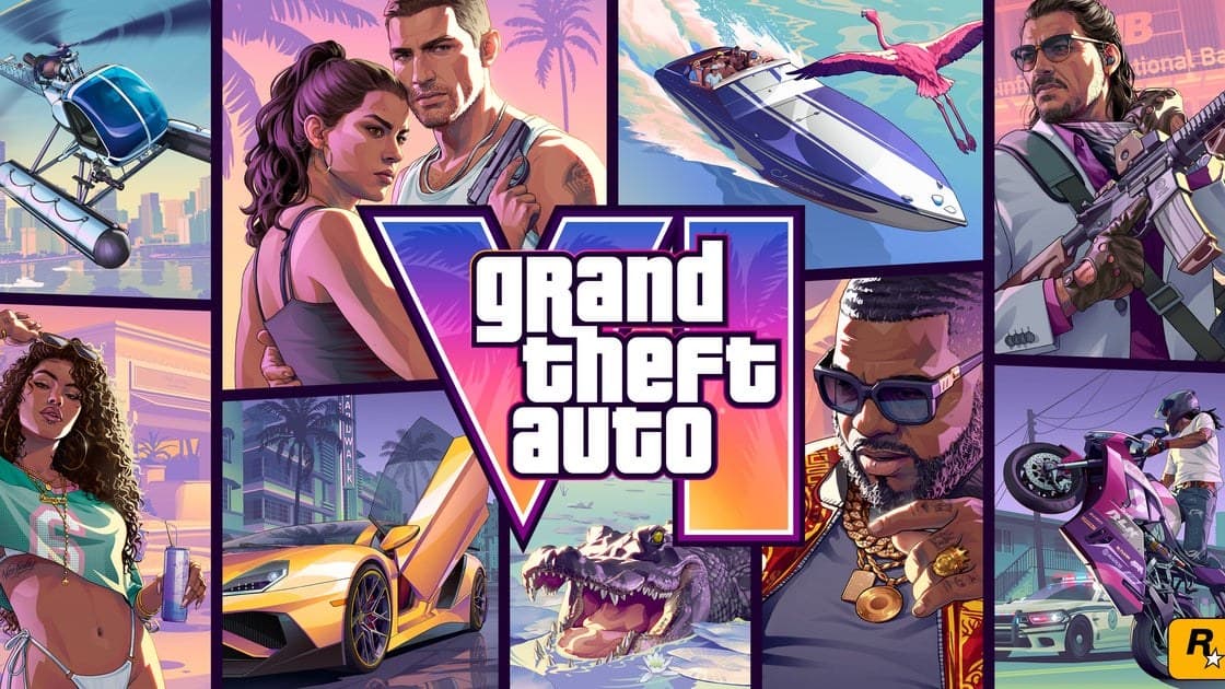 Grand Theft Auto 6 official cover art featuring Lucia and Jason in Vice City