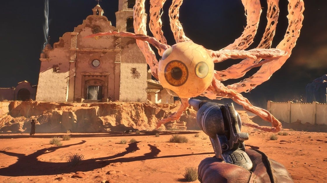 Guns of Eschaton key art showing a supernatural Wild West landscape with gothic architecture