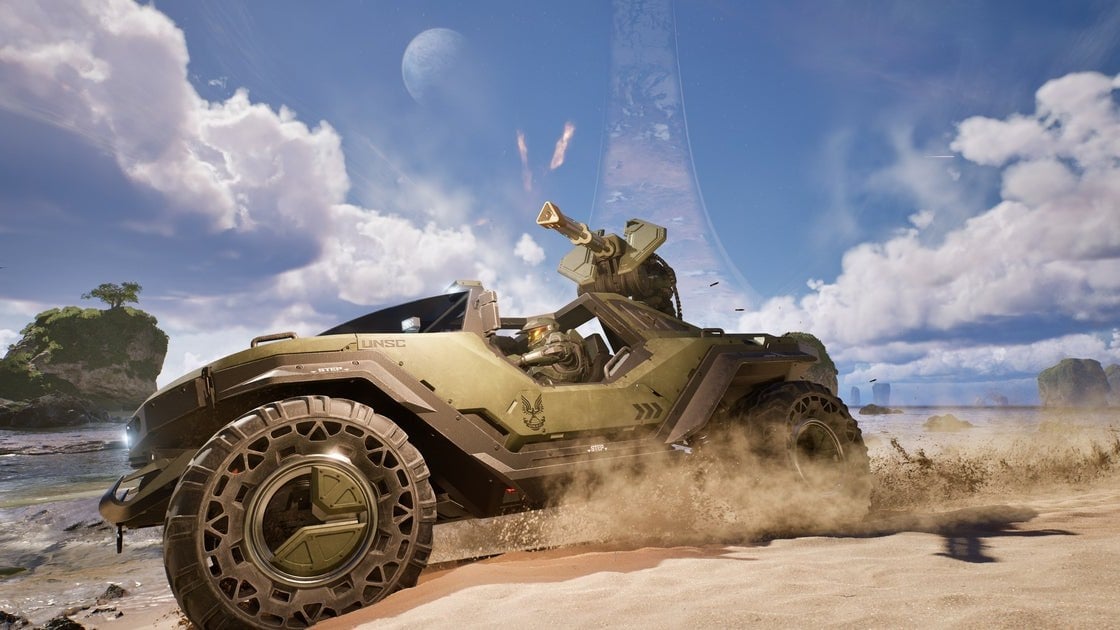 Halo Studios logo with Master Chief helmet from Halo Infinite key art
