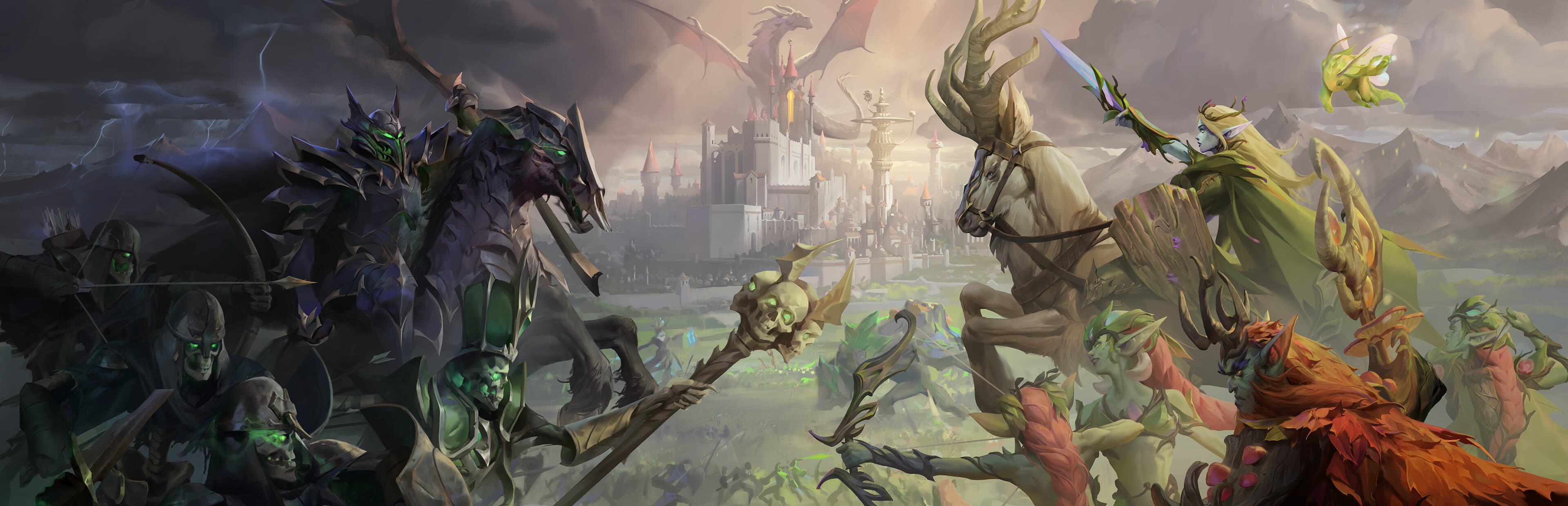 Heroes of Might and Magic Olden Era key art showing fantasy battlefield with rival factions