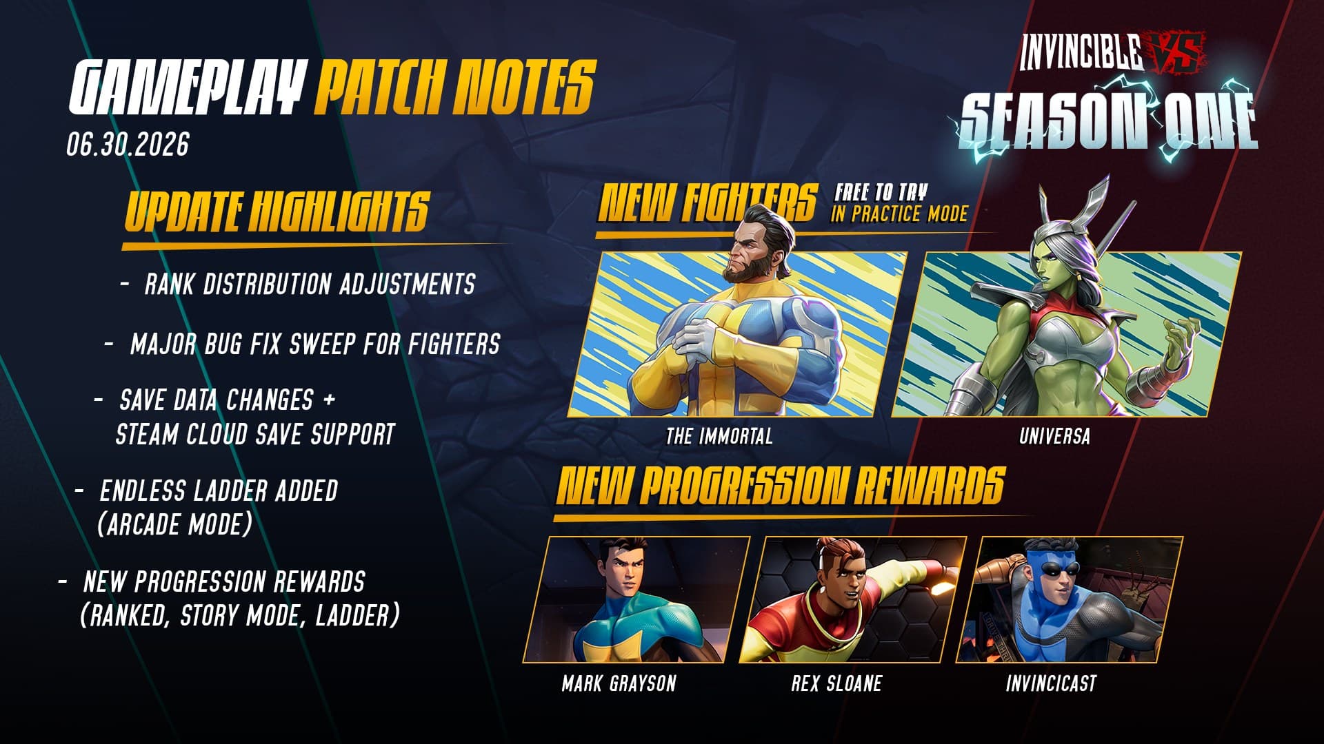 Invincible VS Season 1 update key art featuring new fighters Universa and The Immortal