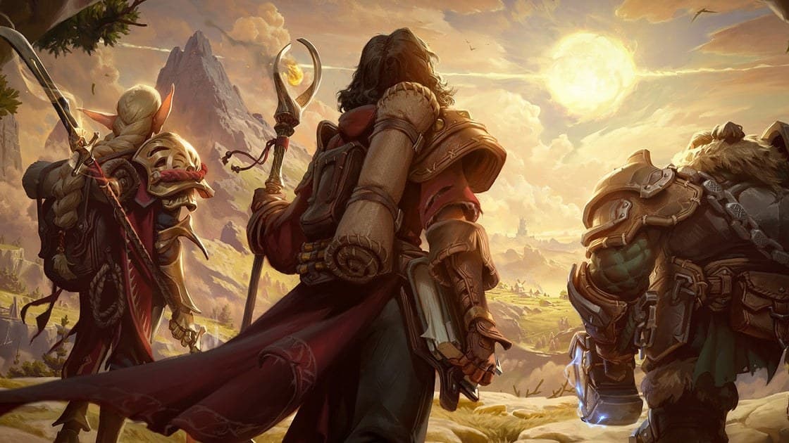 Project Fantasy concept art showing three adventurers at a cave entrance overlooking mountains