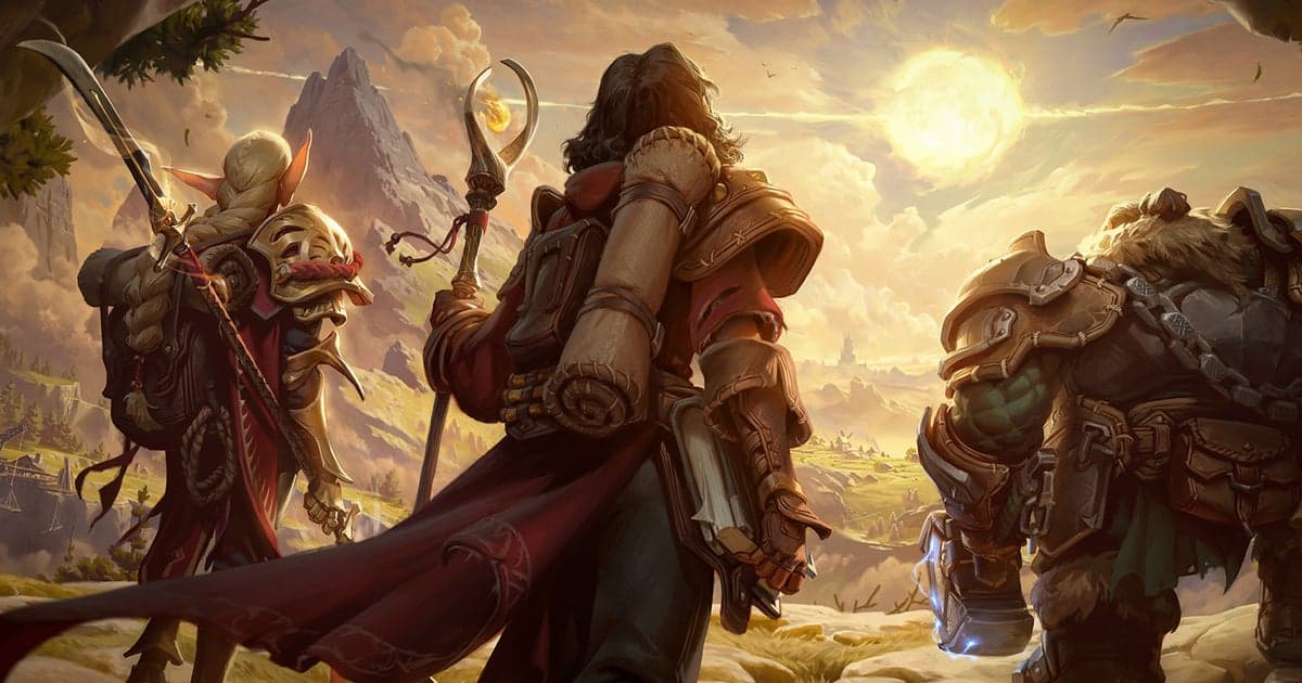 Project Fantasy concept art showing three adventurers at a cave entrance overlooking mountains