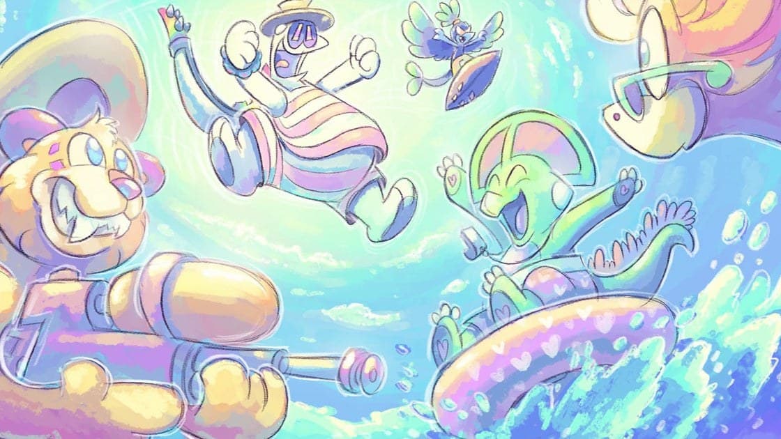 Kirby Air Riders gameplay showing a racer speeding through a colourful course